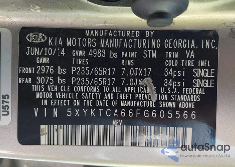 2015 Kia Sorento Lx from USA, damaged, VIN 5XYKTCA66FG605566